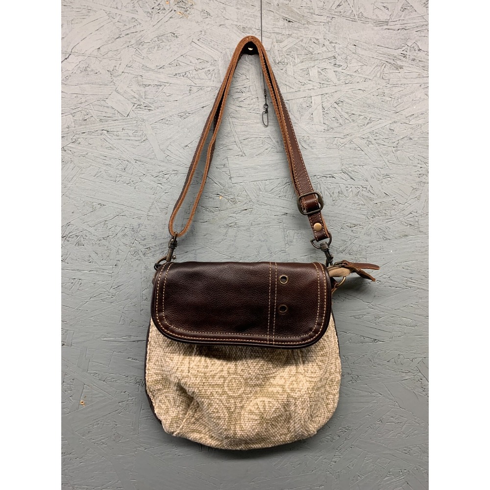 Myra Bag Funky College Small Crossbody Brown‎ Leather Canvas Adjustable Strap